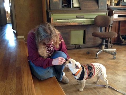 A child sits on the floor, gently offering a treat to a small white dog wearing a sweater, in a cozy room with a piano in the background.